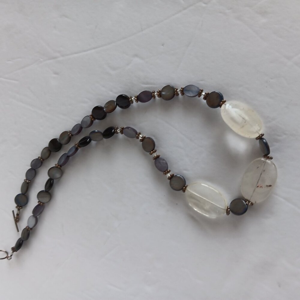 Handmad Grey & Black Necklace with Marbled Beads & Cloudy Agate Ovals 23 inches